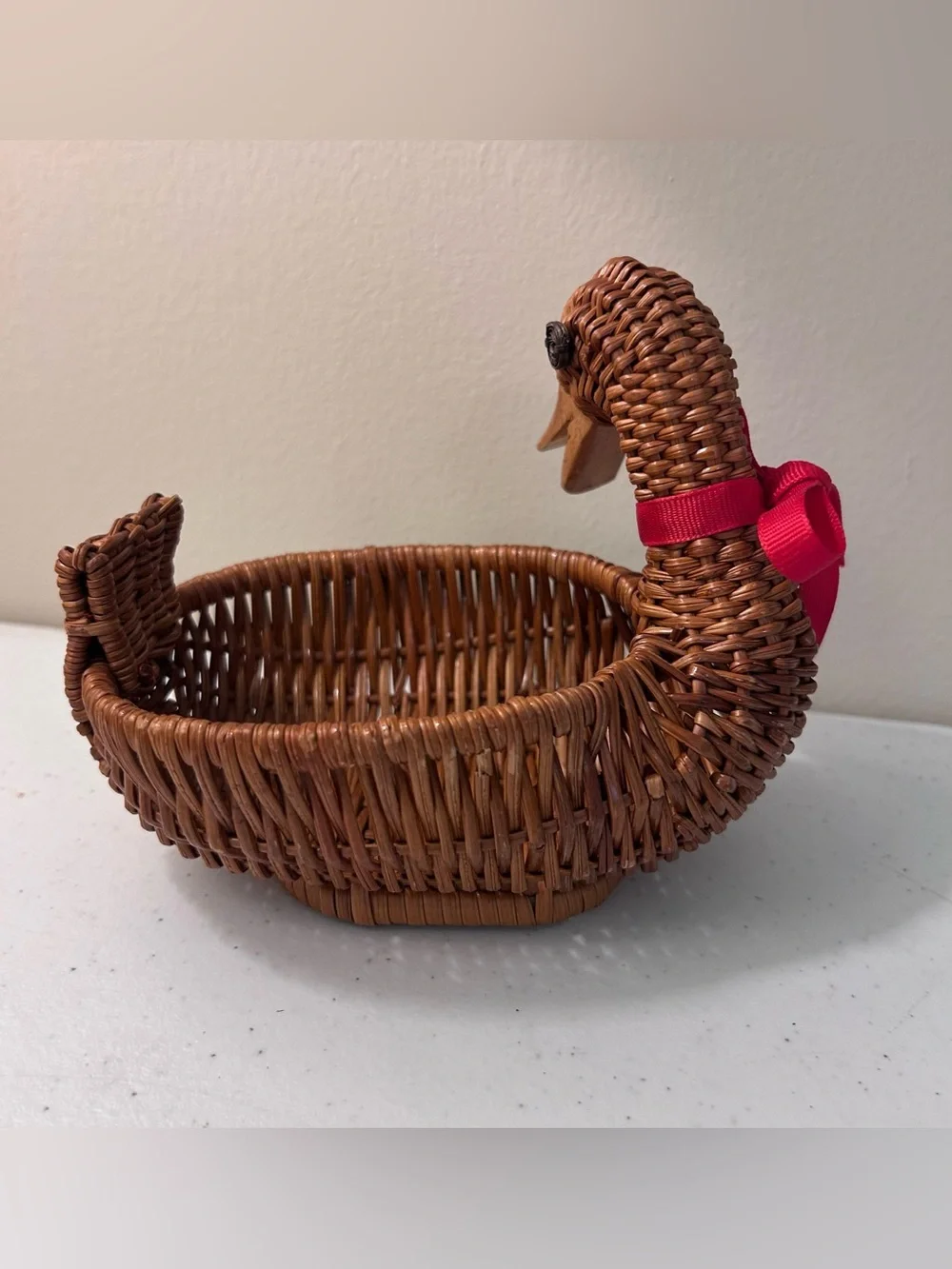 Vintage Wicker Duck Basket Wood Beak Trinket Holder or succulent home